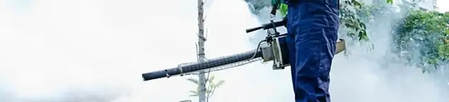 Pest control technician fogging an outdoor area for insect control in Oakland, CA