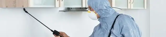 Termite treatment technician applying indoor pest control spray in Oakland, CA
